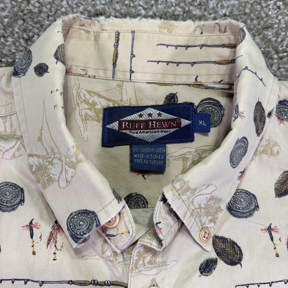Vintage Ruff Hewn Fly Fishing All Over Print Button Down Shirt Size XL 90s - Picture 2 of 7